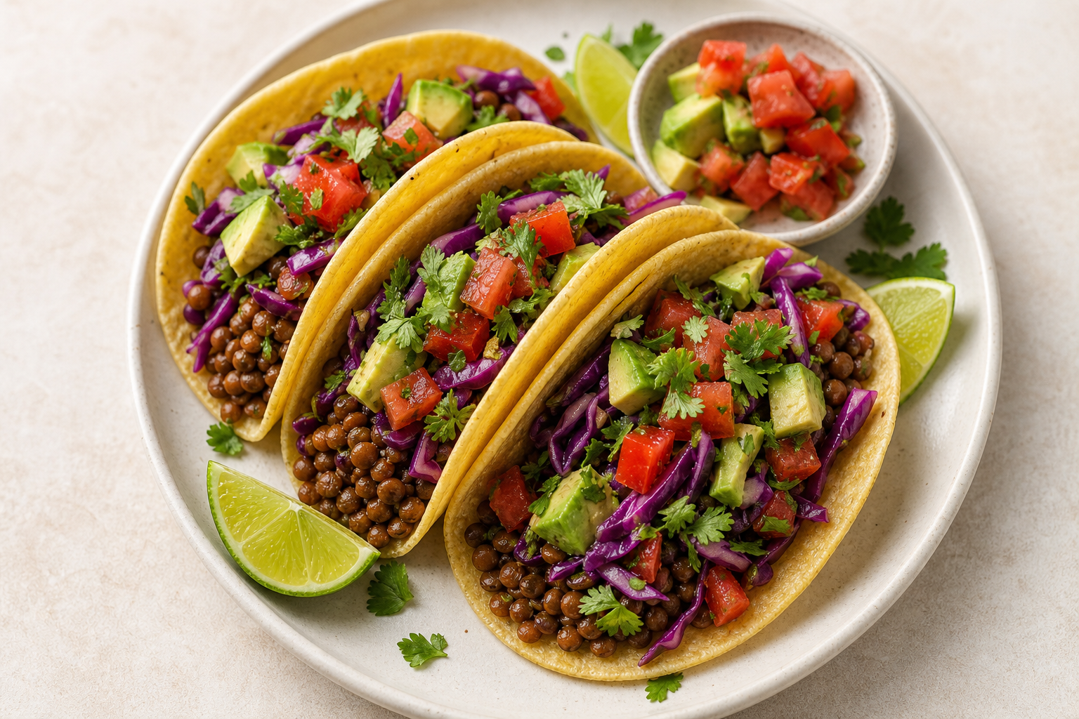Lentil tacos with cabbage, tomato, and avocado