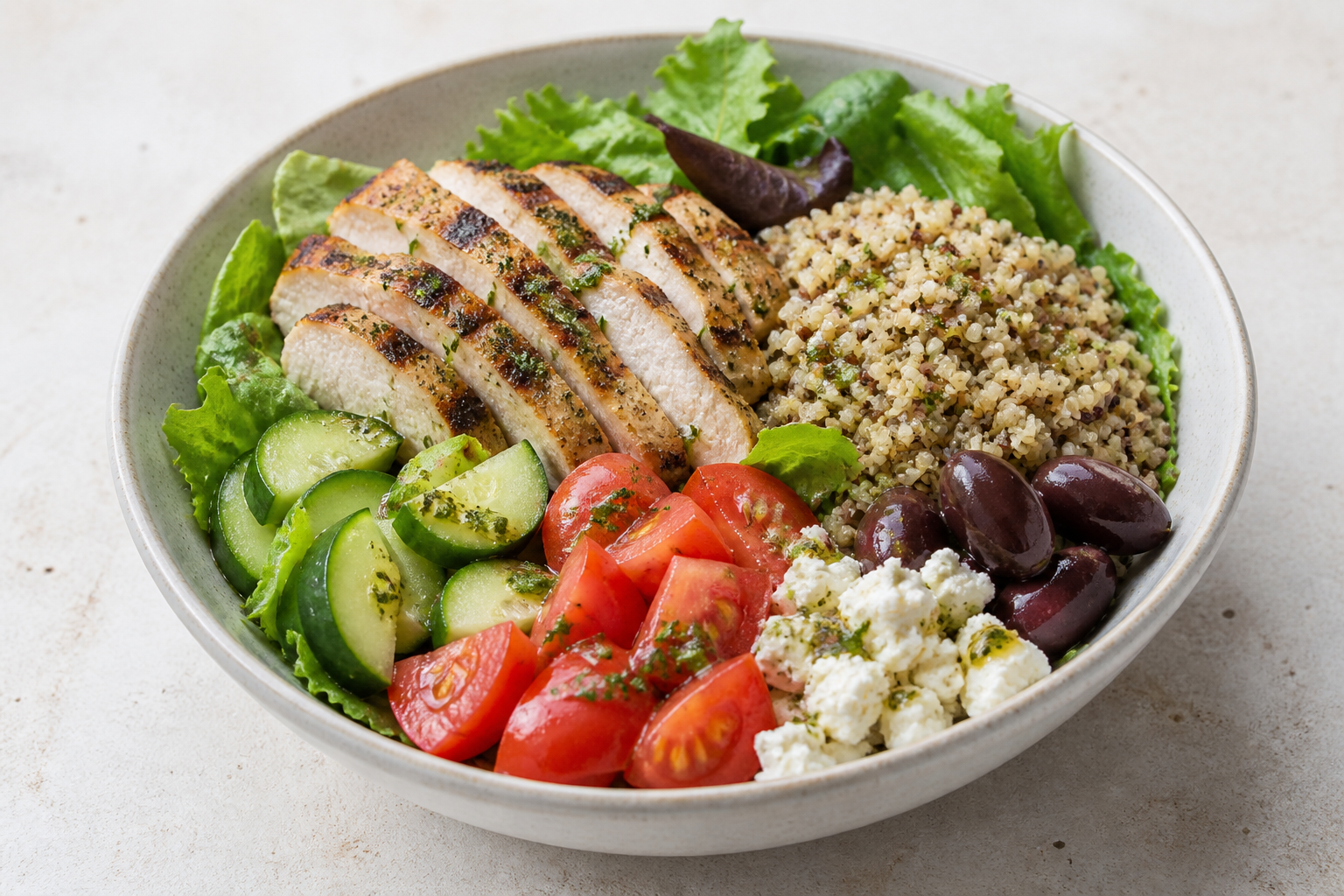 Mediterranean chicken and quinoa bowl