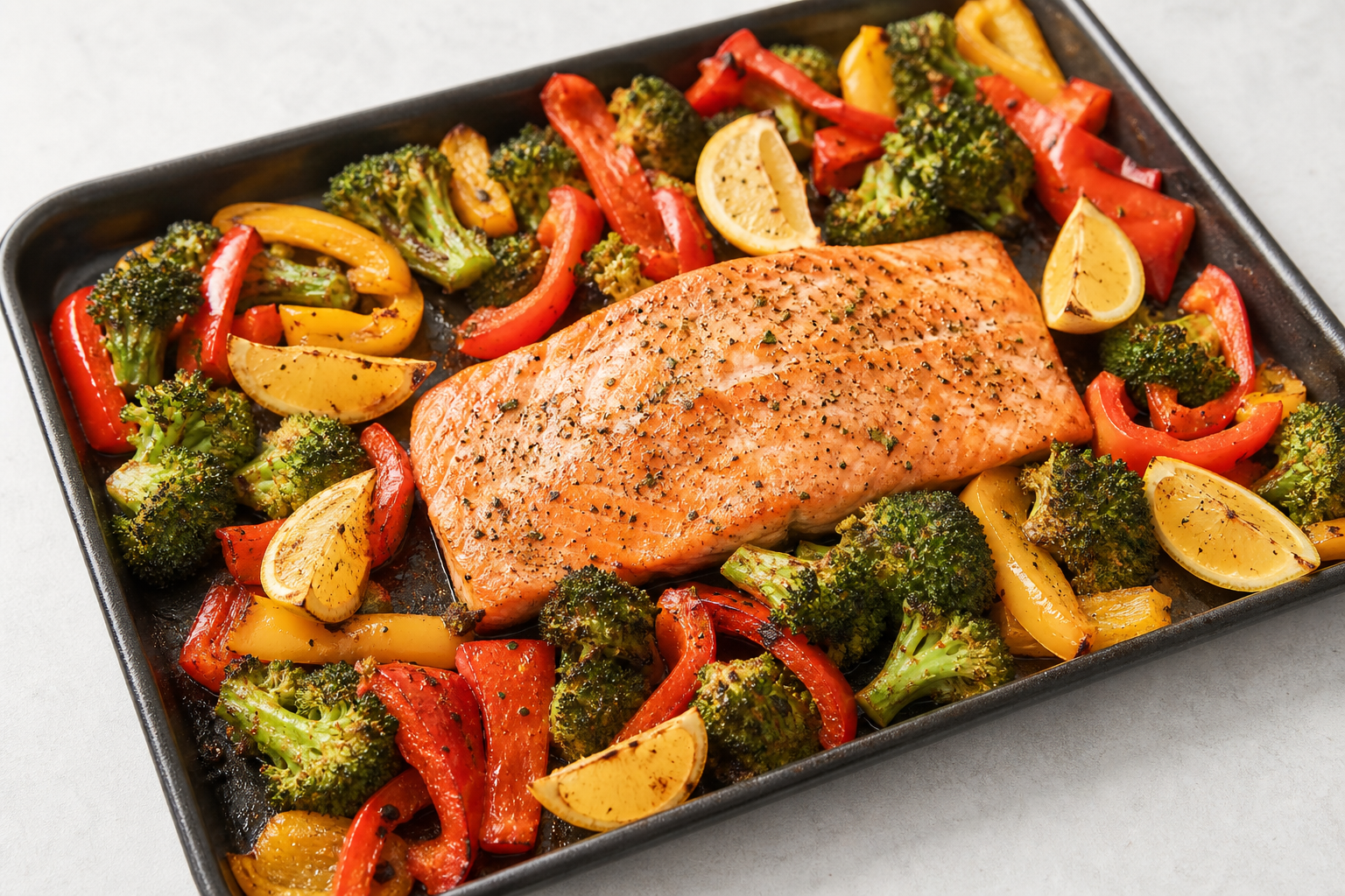 Roasted salmon and vegetables on a sheet pan